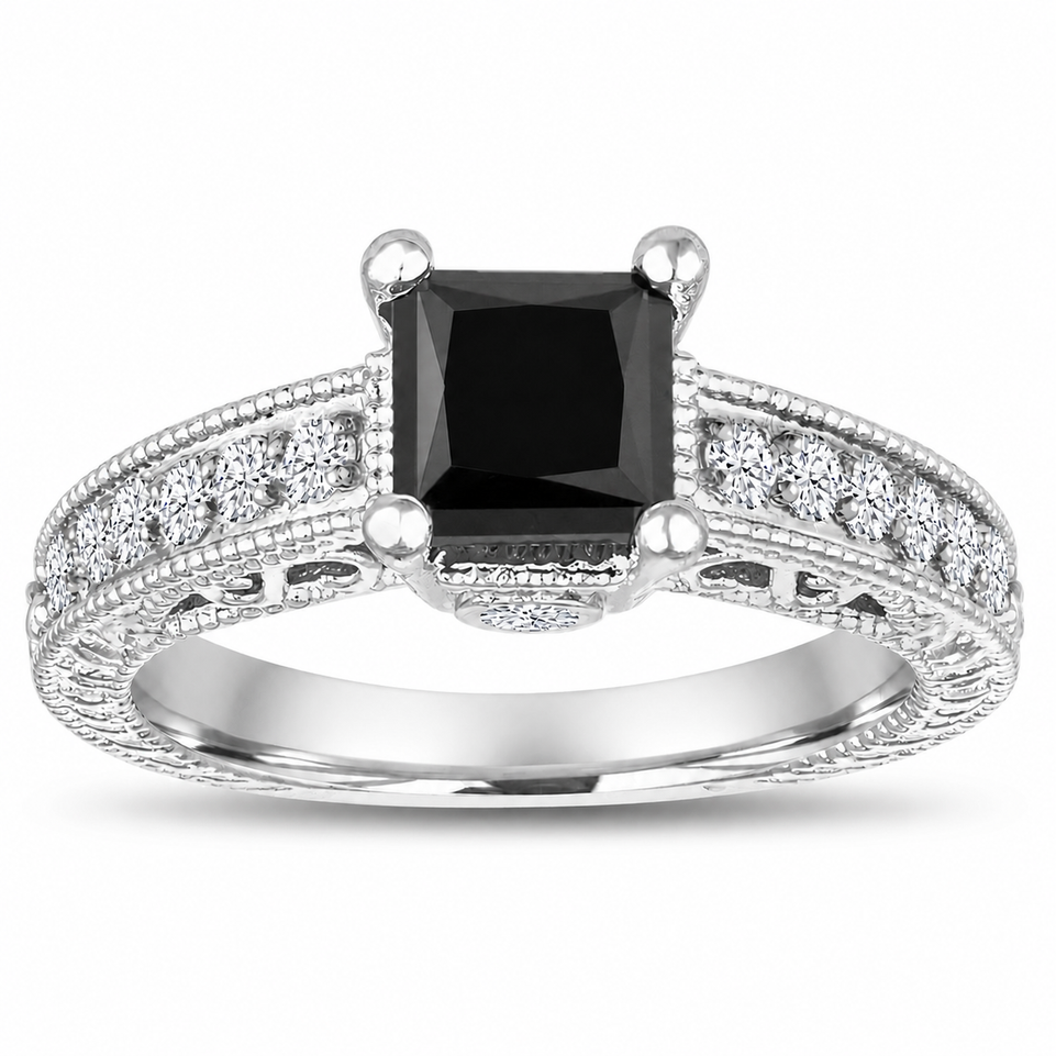 1.81 Carat Princess Cut Black Diamond Filigree Engagement Ring and Wedding Band Set 14K White Gold, Yellow Gold Or Rose Gold Unique Certified Handmade