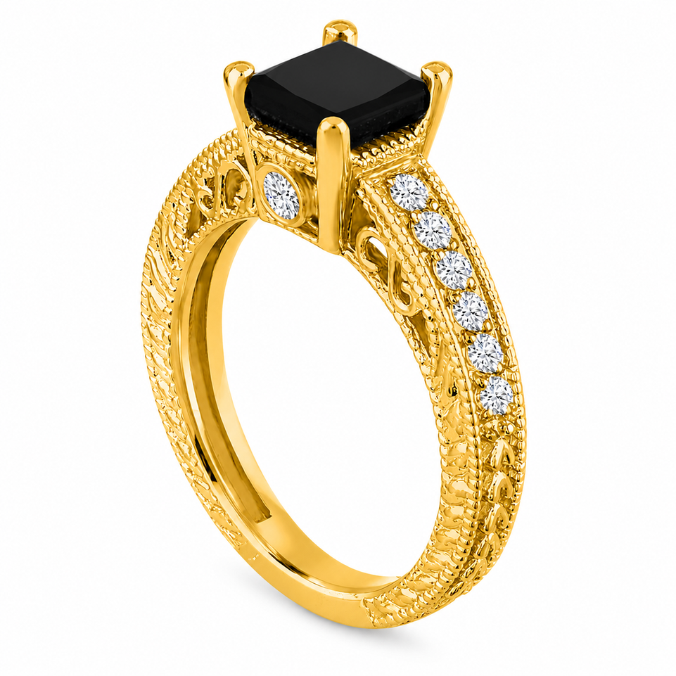 1.81 Carat Princess Cut Black Diamond Filigree Engagement Ring and Wedding Band Set 14K White Gold, Yellow Gold Or Rose Gold Unique Certified Handmade