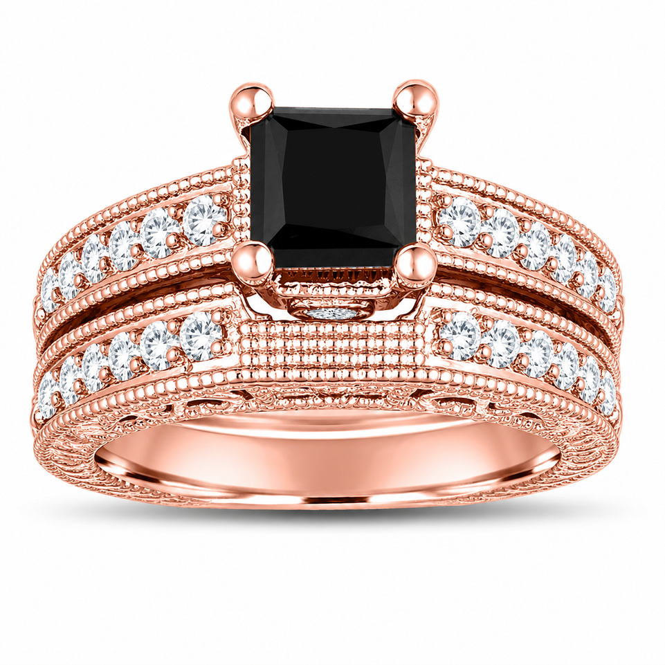 1.81 Carat Princess Cut Black Diamond Filigree Engagement Ring and Wedding Band Set 14K White Gold, Yellow Gold Or Rose Gold Unique Certified Handmade