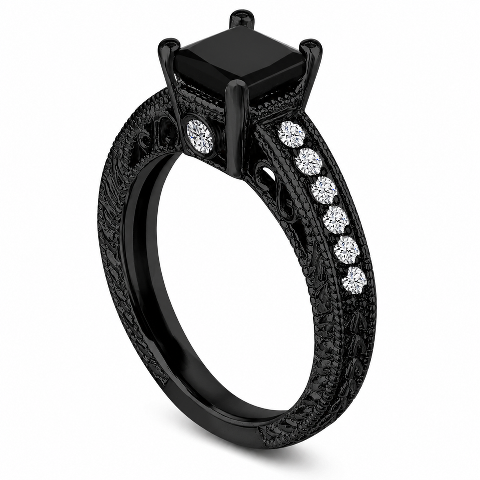 Princess Cut Black Diamond Engagement Ring 1.65 Carat 14K Black Gold Vintage Filigree Handmade Certified