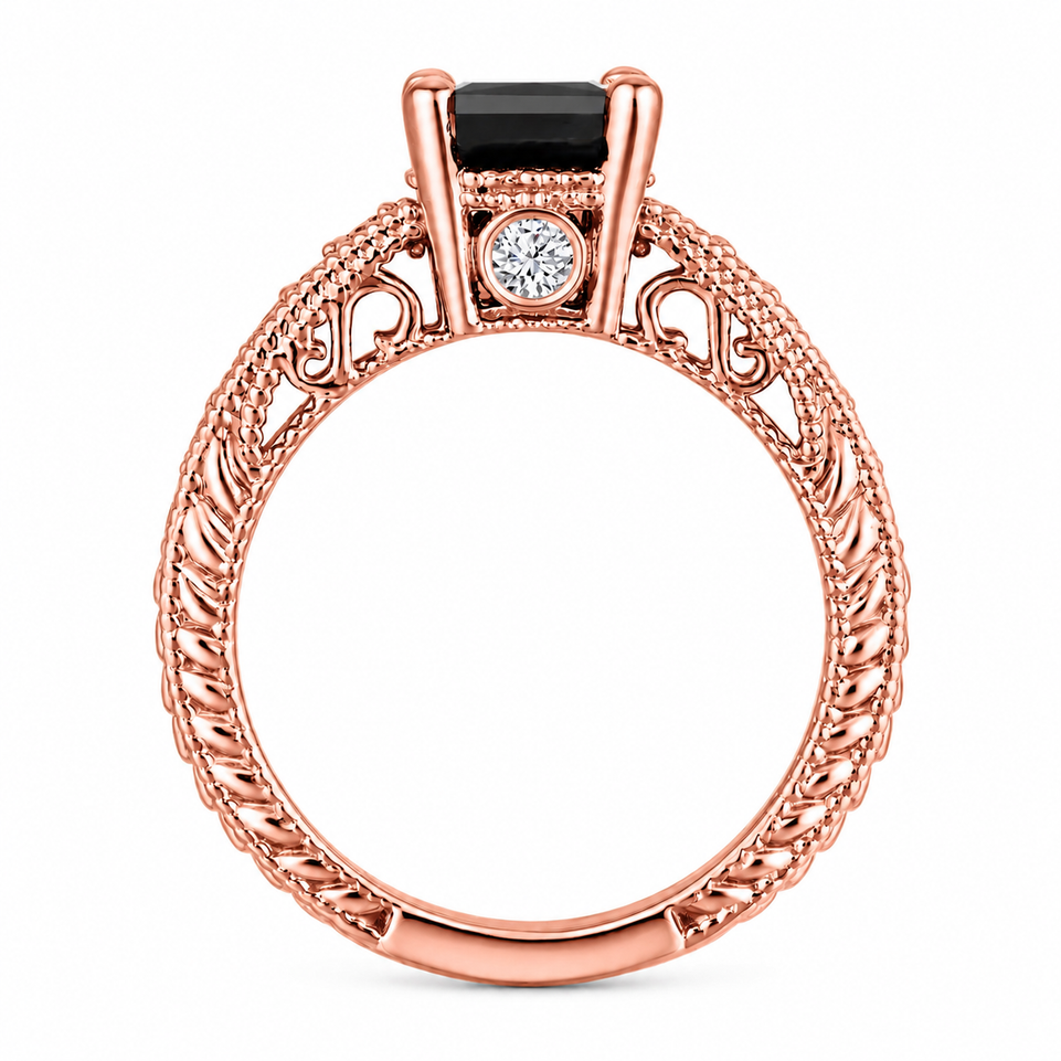 Unique Princess Cut Black Diamond Filigree Engagement Ring 1.65 Carat 14K Rose Gold Handmade Certified