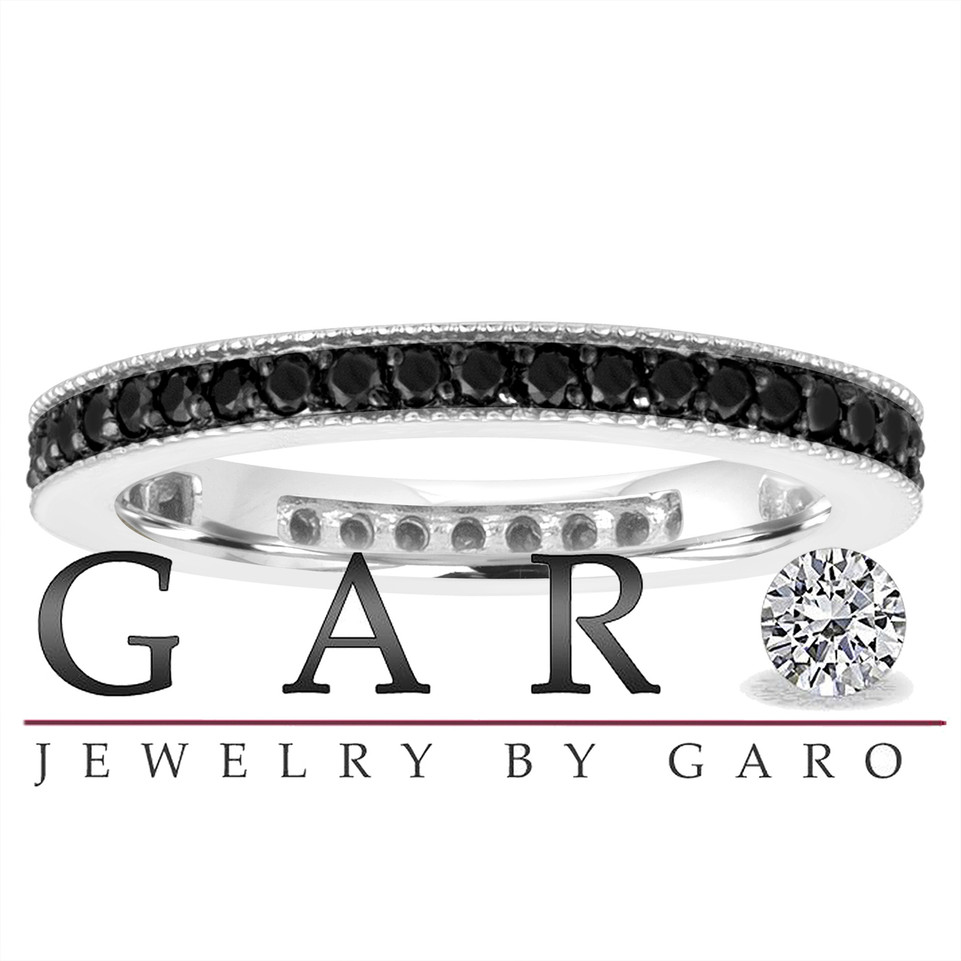 Fancy Black & White Diamond Eternity Wedding Bands, 2 Stackable Eternity Rings, Anniversary Ring 14k White Gold 0.90 Ct Pave Handmade
