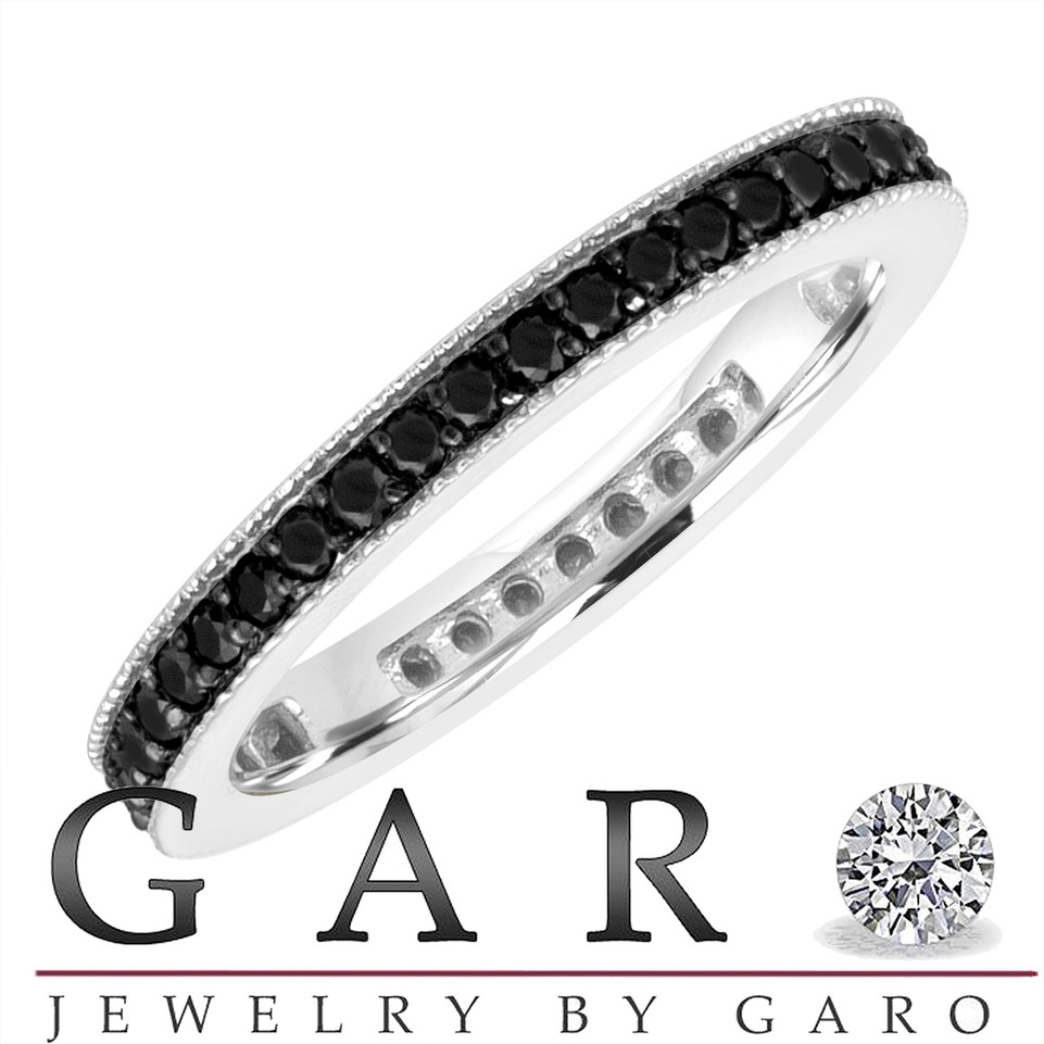 Fancy Black & White Diamond Eternity Wedding Bands, 2 Stackable Eternity Rings, Anniversary Ring 14k White Gold 0.90 Ct Pave Handmade
