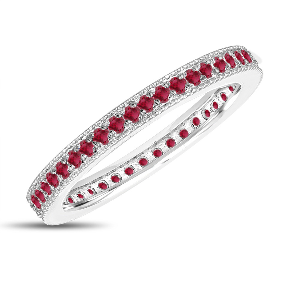 Ruby Eternity Wedding Band, Eternity Ring, Anniversary Ring Stackable Ring 14k White Gold 0.50 Carat Pave Milgrain Handmade
