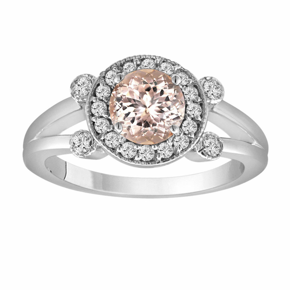 Pink Peach Morganite Engagement Ring 14K White Gold 1.03 Carat With Side Diamonds Unique Halo Pave Handmade Certified
