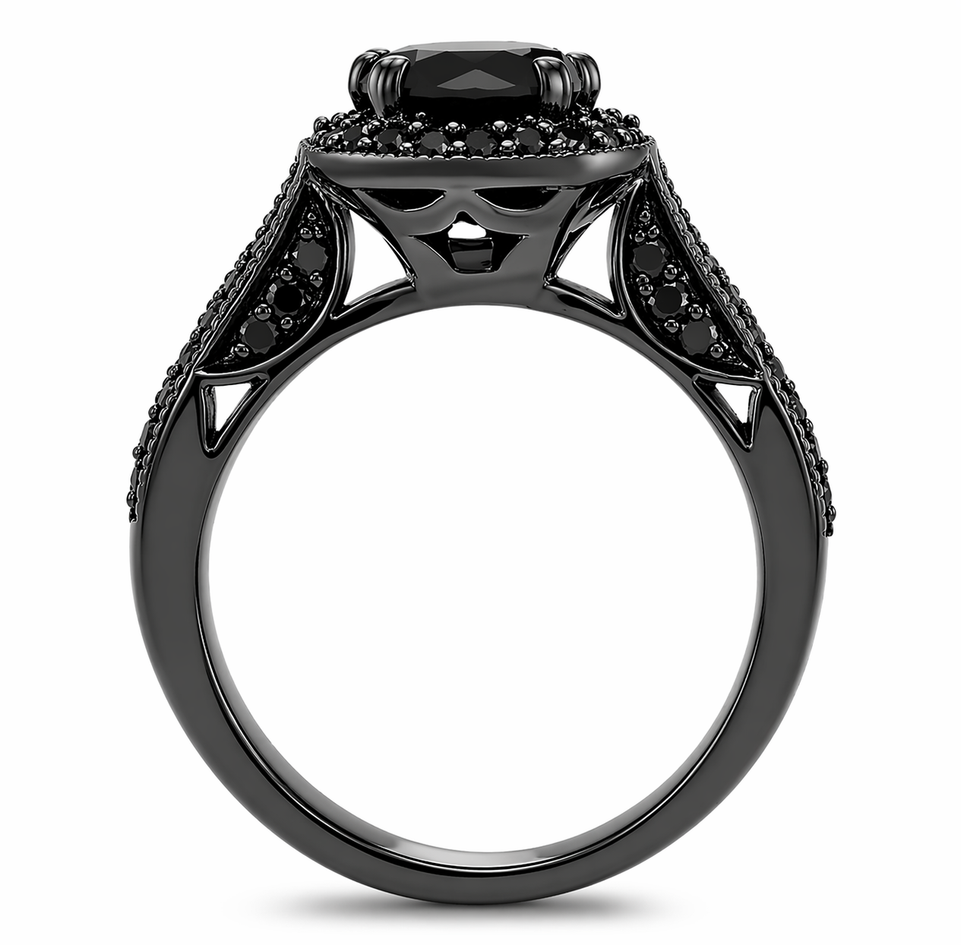 1.92 Carat Natural Black Diamond Engagement Ring – 14K Black Gold Vintage Halo Handmade Certified 