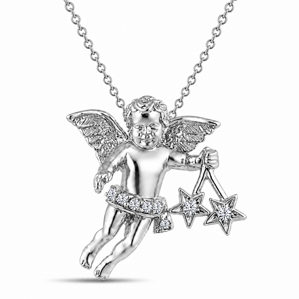 Unique Diamond Angel Pendant Necklace 14K White, Yellow, Rose Gold 0.15 Carat Handmade Fine Jewelry