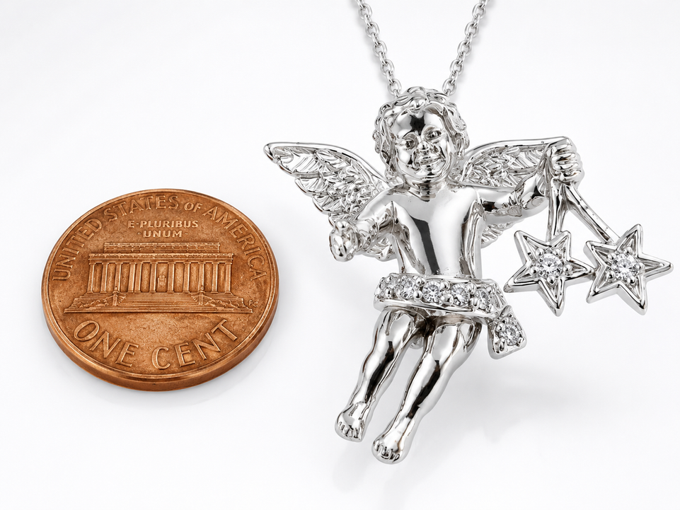 Unique Diamond Angel Pendant Necklace 14K White, Yellow, Rose Gold 0.15 Carat Handmade Fine Jewelry