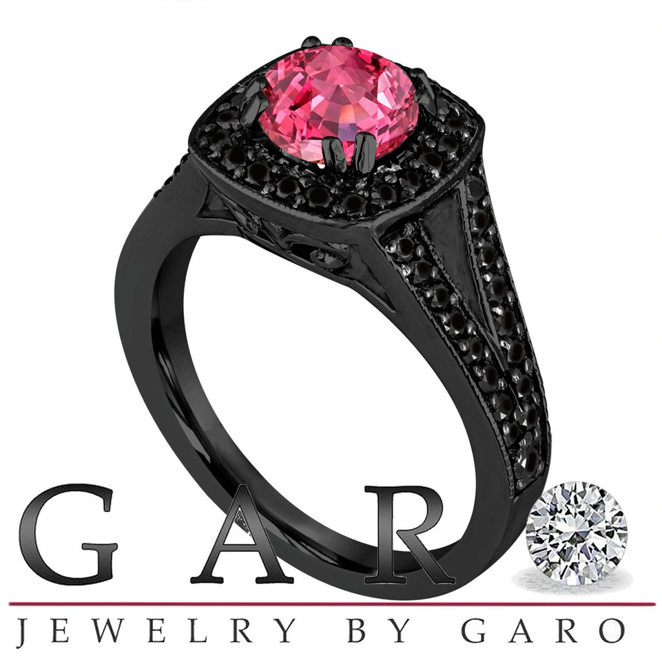 Pink Sapphire Engagement Ring 14K Black Gold Vintage Style 1.71 Carat With Fancy Black Diamonds Unique Halo Pave Handmade Certified