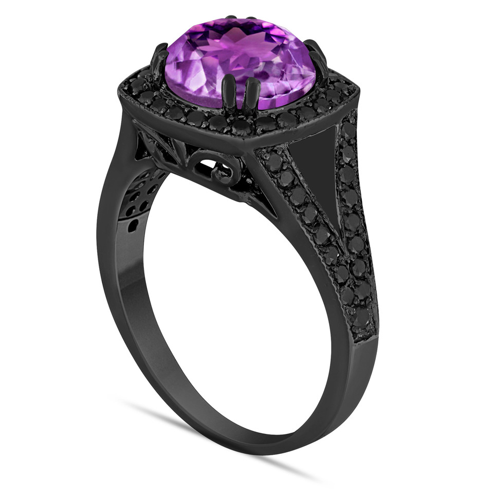 3.04 Carat Amethyst Engagement Ring, With Black Diamonds 14K Black Gold Vintage Style Unique Halo Handmade Certified