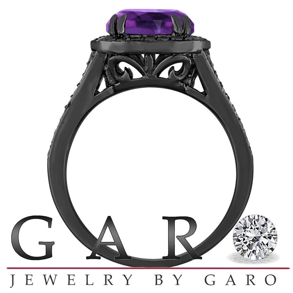 3.04 Carat Amethyst Engagement Ring, With Black Diamonds 14K Black Gold Vintage Style Unique Halo Handmade Certified