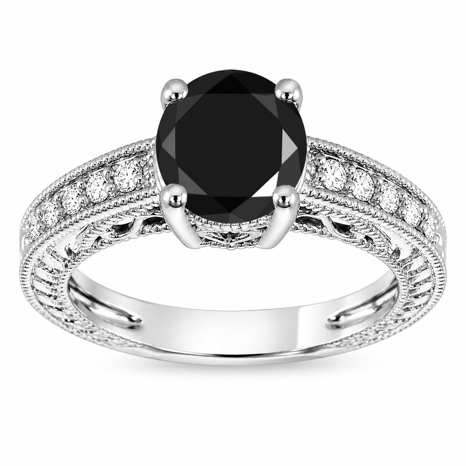 Natural Black Diamond Engagement Ring 2.16 Carat Vintage Filigree Unique Heart Design Handmade Certified 14K White Gold Yellow Gold Rose Gold