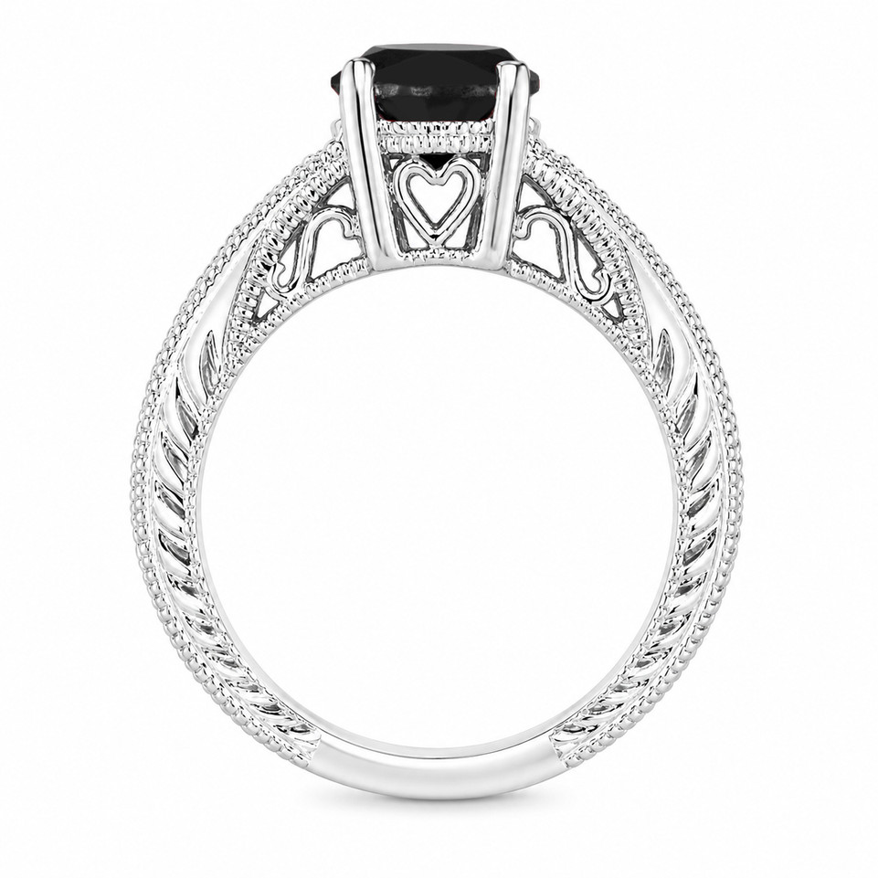 Natural Black Diamond Engagement Ring 2.16 Carat Vintage Filigree Unique Heart Design Handmade Certified 14K White Gold Yellow Gold Rose Gold