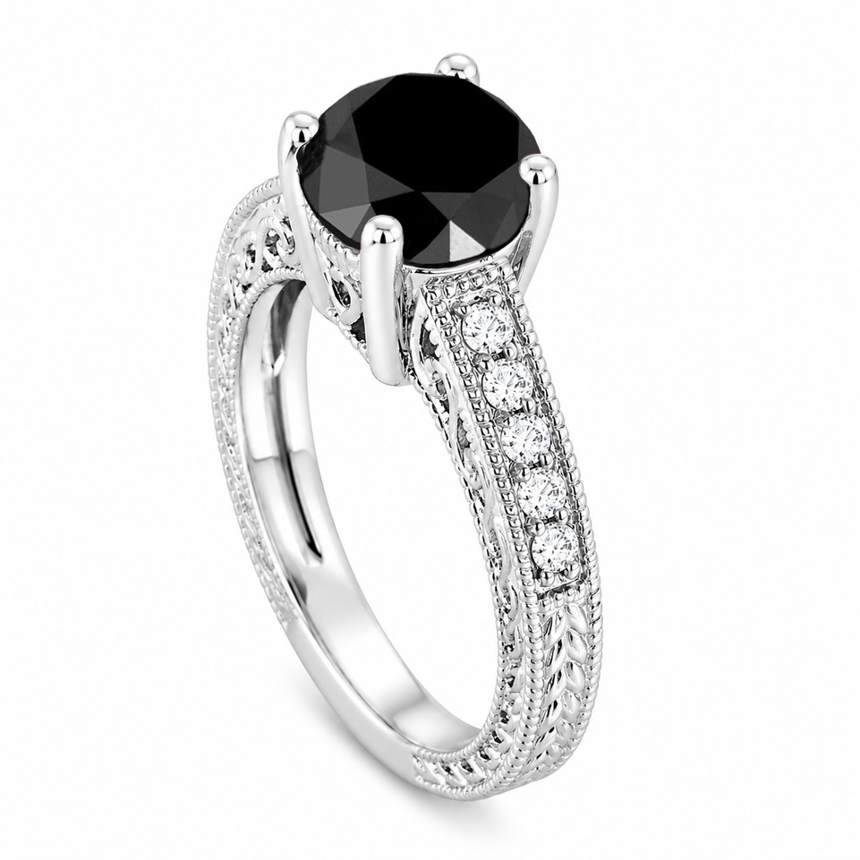 Natural Black Diamond Engagement Ring 2.16 Carat Vintage Filigree Unique Heart Design Handmade Certified 14K White Gold Yellow Gold Rose Gold
