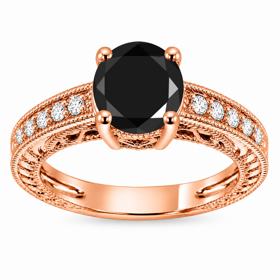 Natural Black Diamond Engagement Ring 2.16 Carat Vintage Filigree Unique Heart Design Handmade Certified 14K White Gold Yellow Gold Rose Gold