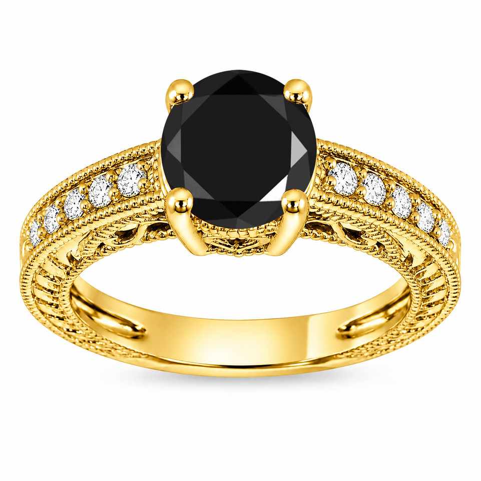 Natural Black Diamond Engagement Ring 2.16 Carat Vintage Filigree Unique Heart Design Handmade Certified 14K White Gold Yellow Gold Rose Gold
