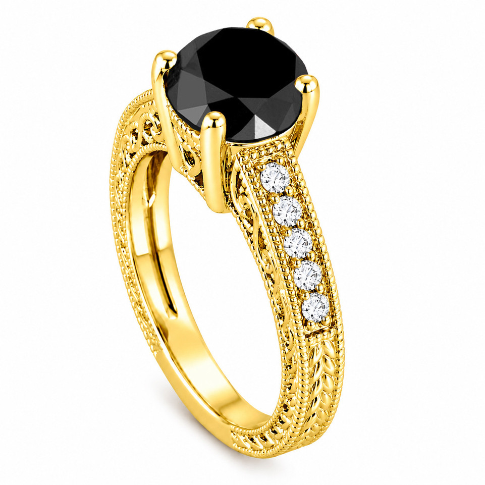 Natural Black Diamond Engagement Ring 2.16 Carat Vintage Filigree Unique Heart Design Handmade Certified 14K White Gold Yellow Gold Rose Gold