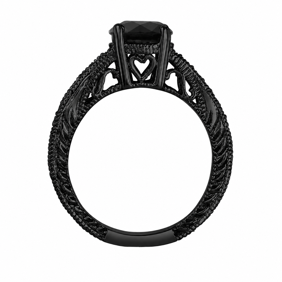 Black Diamond Engagement Ring 2.16 Carat Vintage Filigree Heart Design 14K Black Gold Handmade Certified