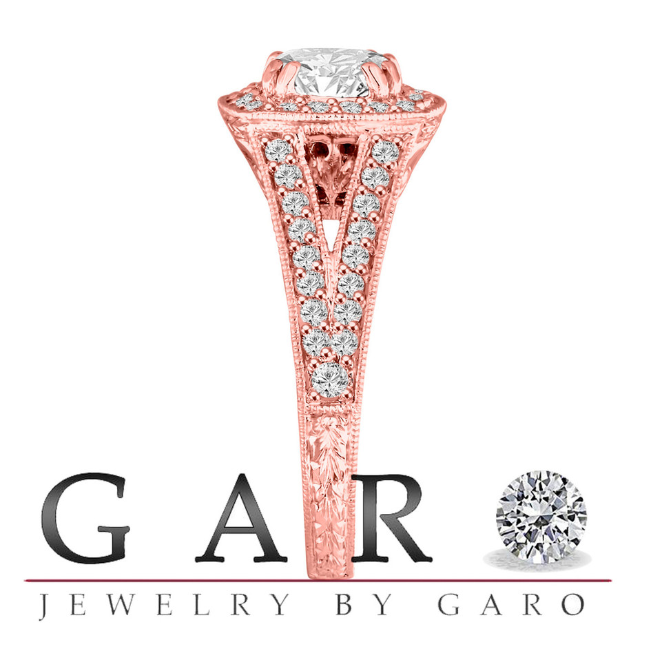 14K Rose Gold Natural Diamond Halo Engagement Ring GIA Certified 1.57 Carat Unique Vintage Style Hand Engraved  