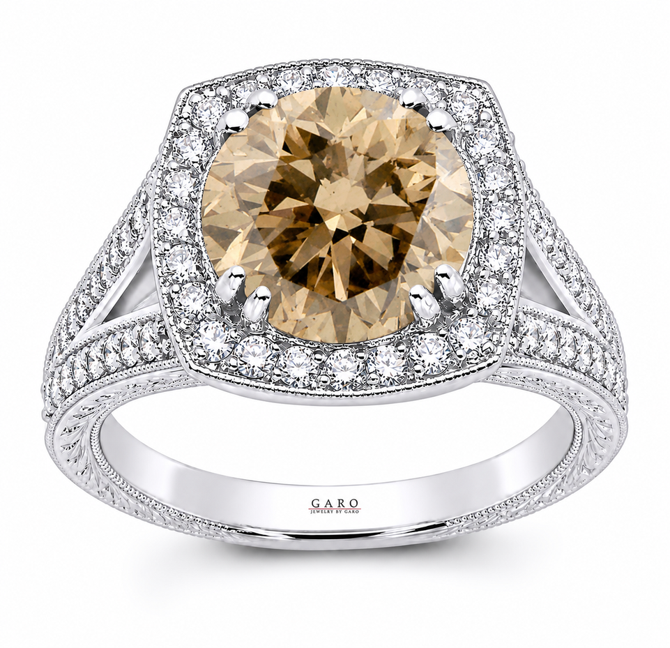 3.27 Carat Champagne Diamond Halo Engagement Ring, Platinum Unique Vintage Style Hand Engraved Certified Handmade
