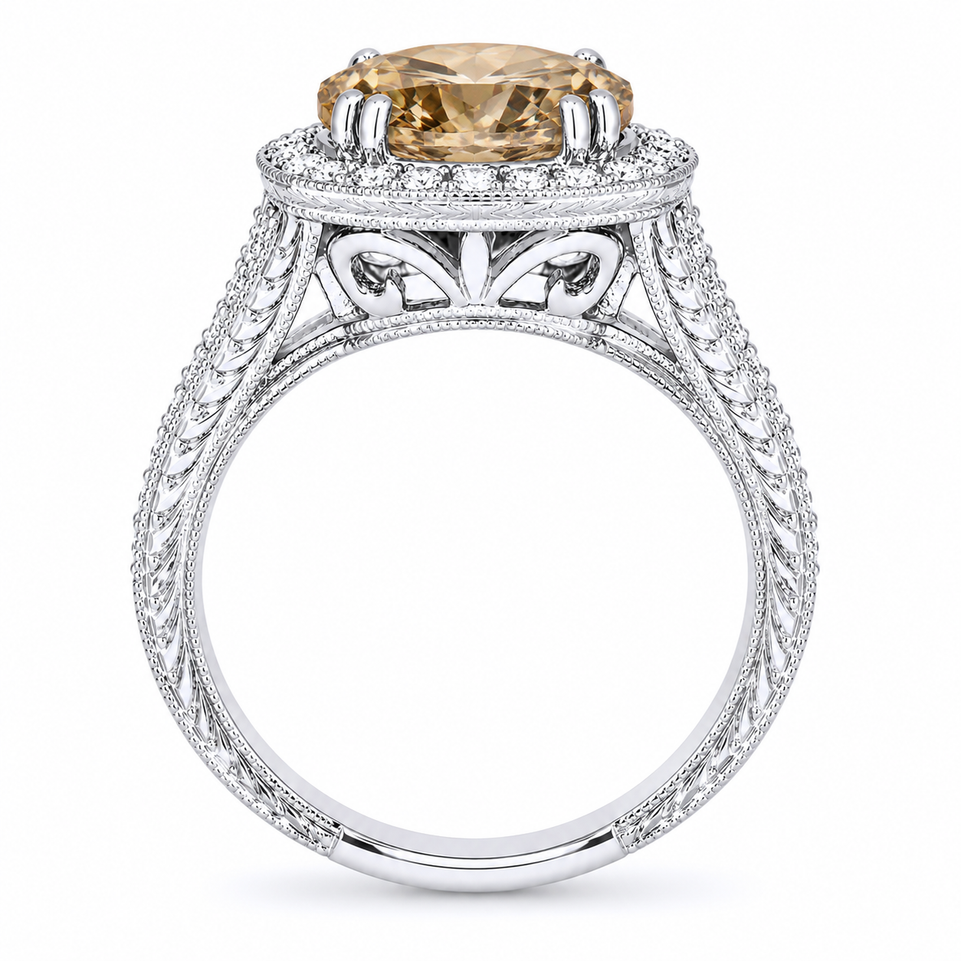 3.27 Carat Champagne Diamond Halo Engagement Ring, Platinum Unique Vintage Style Hand Engraved Certified Handmade