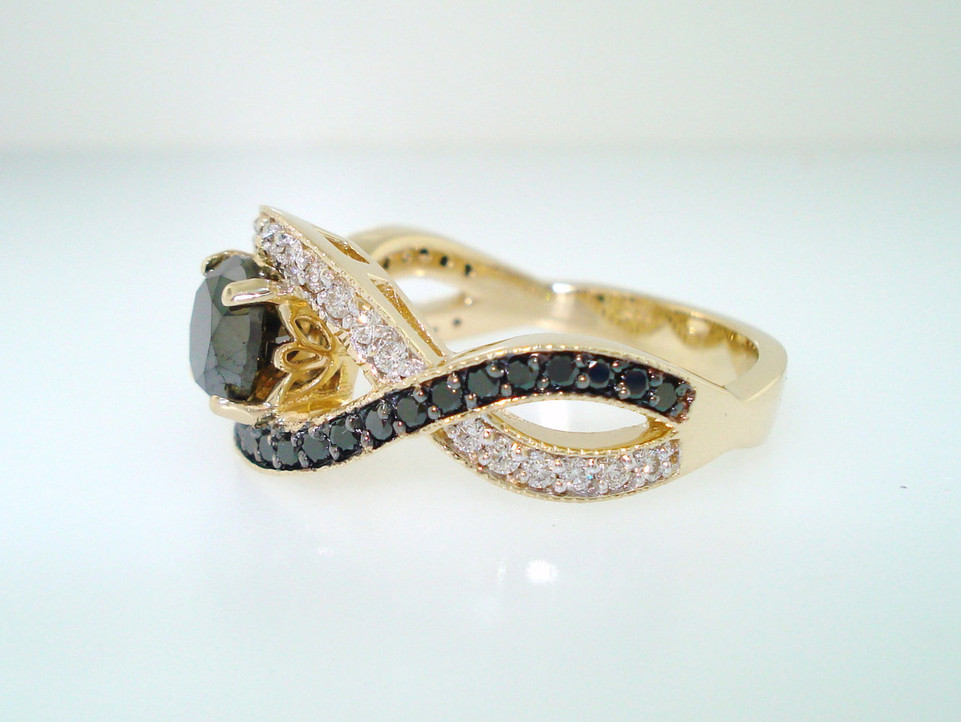 Black and White Diamonds Twisted Engagement Ring 1.52 Carat 14K Yellow Gold Certified Handmade