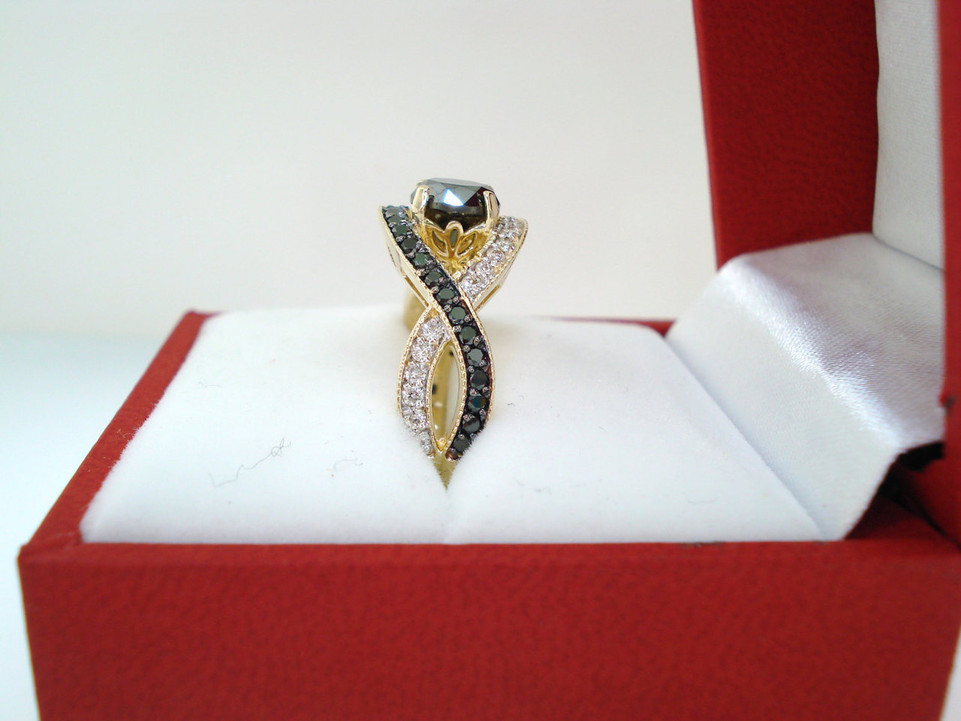 Black and White Diamonds Twisted Engagement Ring 1.52 Carat 14K Yellow Gold Certified Handmade