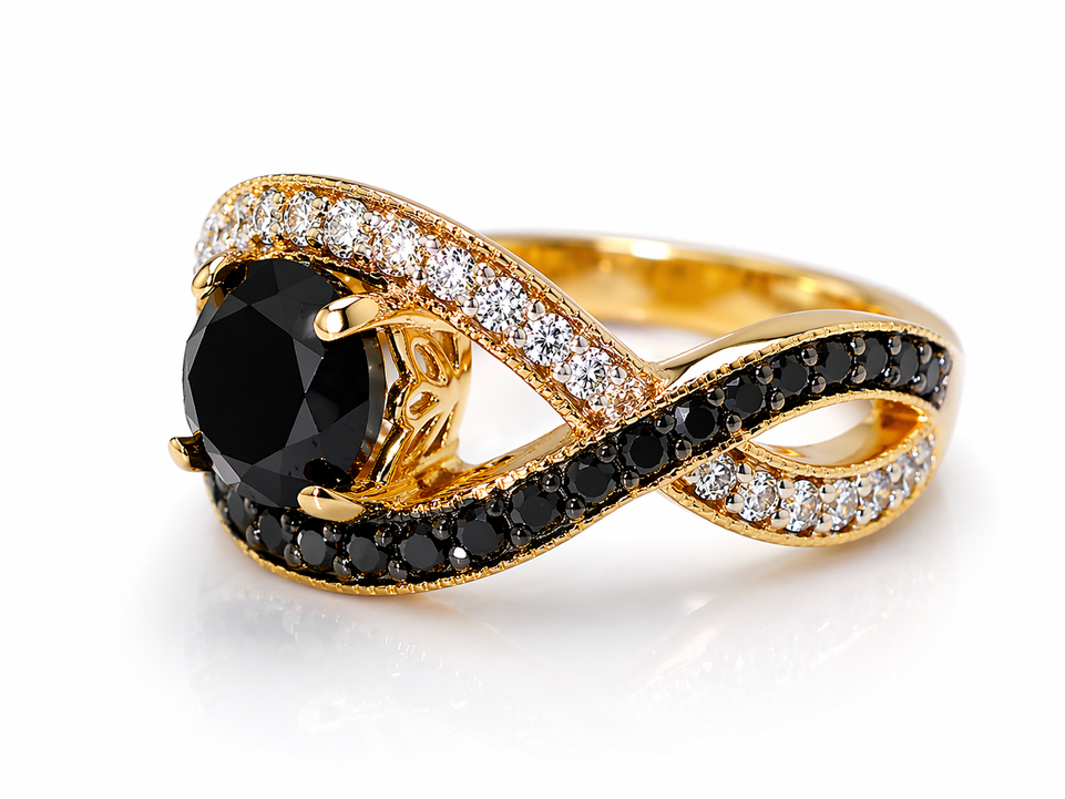 Black Diamond Twisted Engagement Ring 1.52 Carat 14K Yellow Gold Certified Handmade