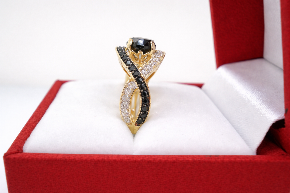 Black Diamond Twisted Engagement Ring 1.52 Carat 14K Yellow Gold Certified Handmade