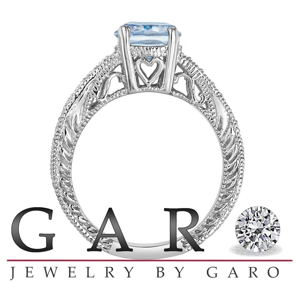 1.50 Carat Aquamarine and Diamonds Engagement Ring 14K White Gold Unique Vintage Style Handmade Certified