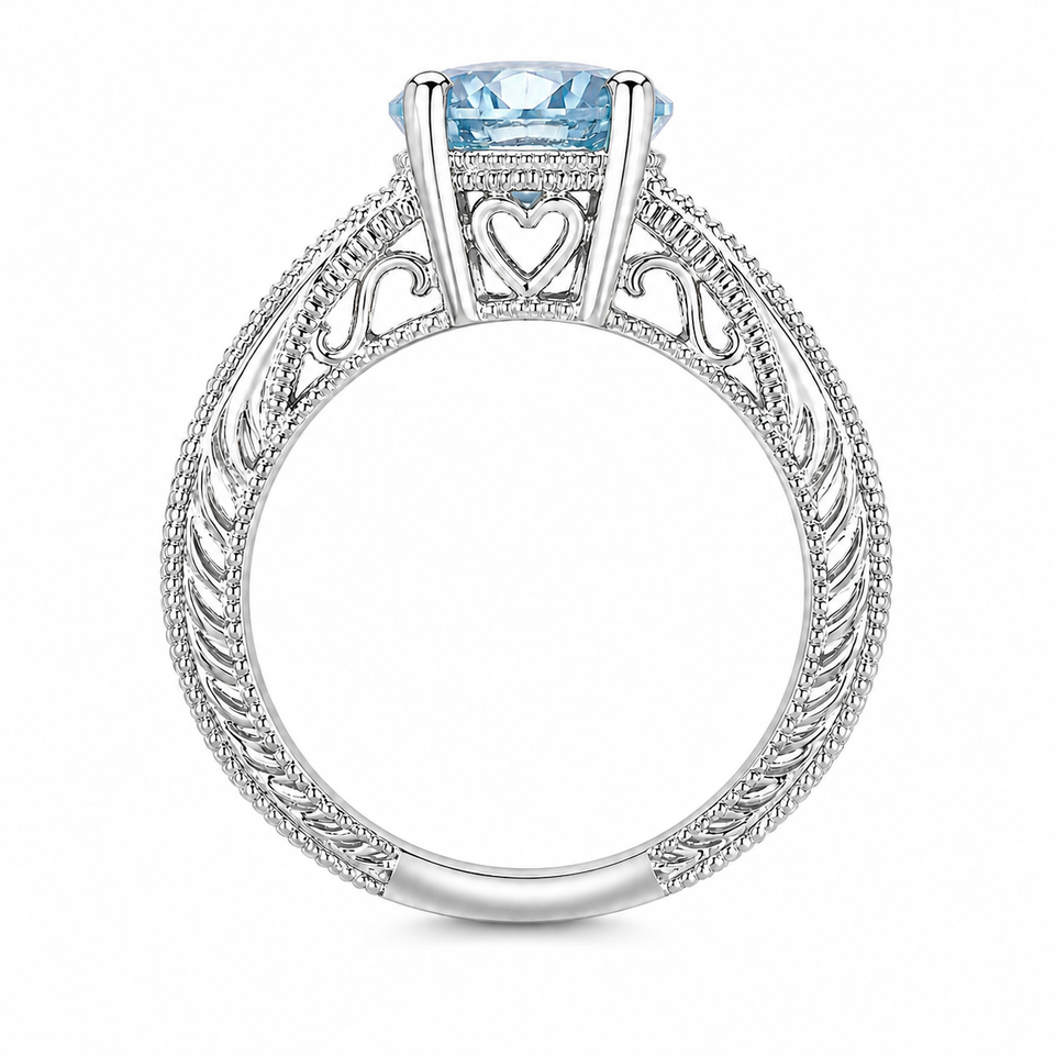 Aquamarine and Diamond Filigree Engagement Ring 1.50 Carat Unique Heart Design 14K White Gold, Yellow Gold Or Rose Gold Handmade