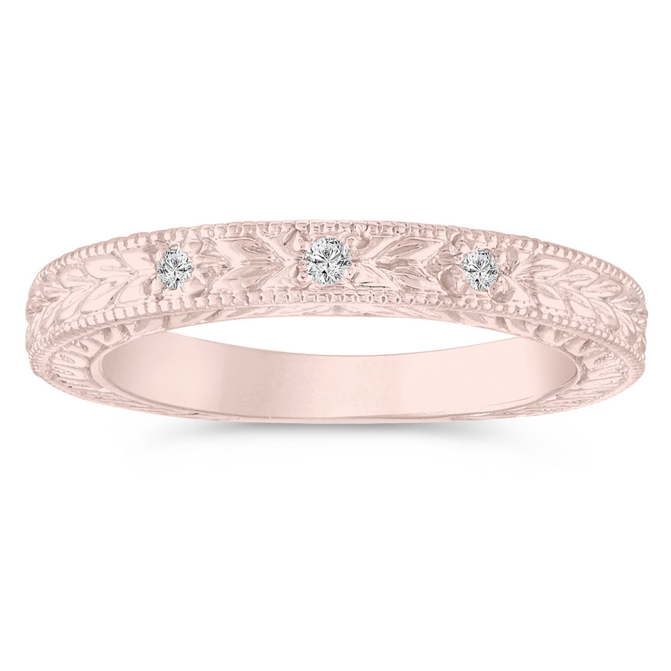 0.05 Carat Diamond Wedding Ring, Anniversary Band 14K White Gold, Rose Gold Or  Yellow Gold Vintage Antique Style Engraved Handmade Certified 