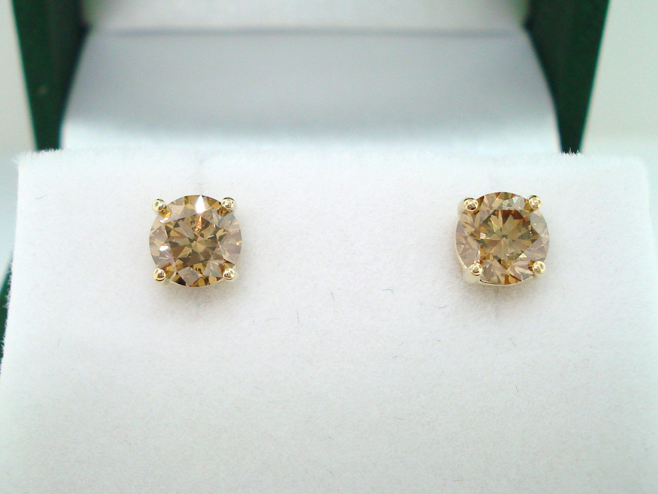 
1.02 Carat Fancy Champagne Brown Diamond Stud Earrings 14K Yellow Gold Handmade
