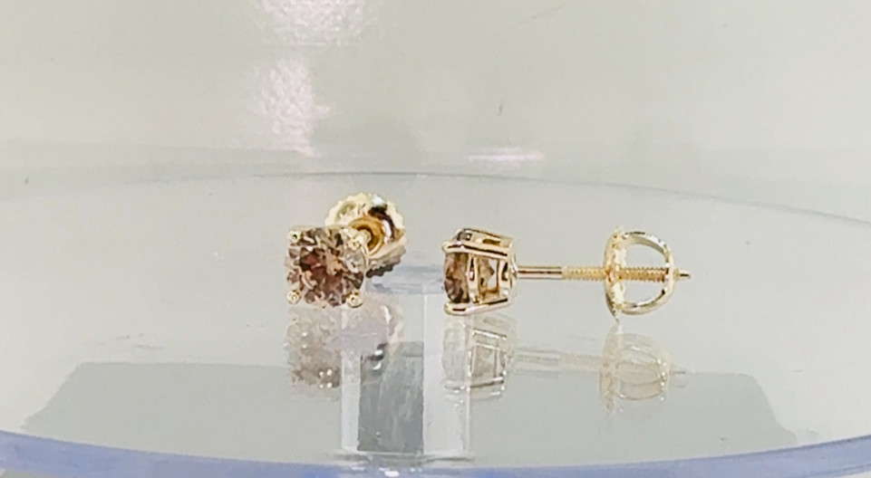 1.40 Carat Champagne Brown Diamond Stud Earrings 14K Yellow Gold Handmade Certified