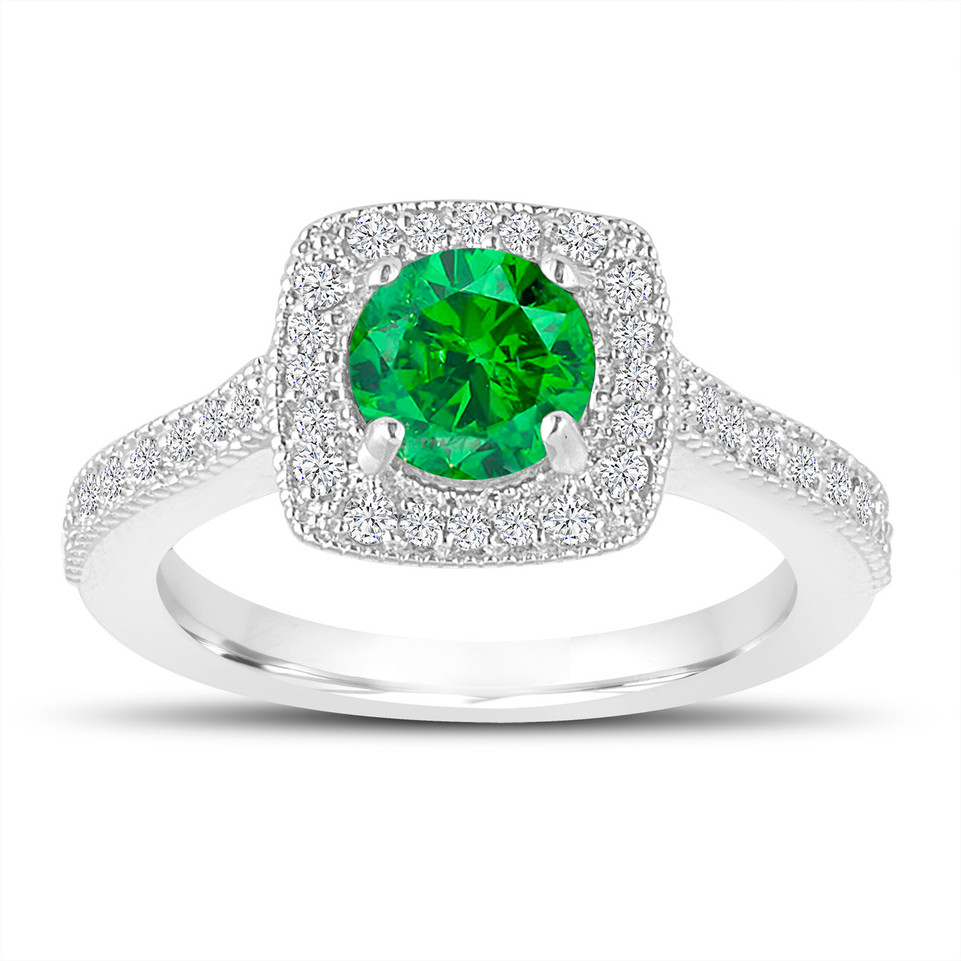 1.29 Carat Green Diamond Engagement Ring, Wedding Ring 14K White Gold Halo Pave Certified Handmade
