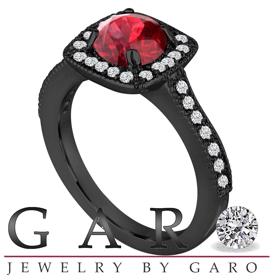 Red Garnet Engagement Ring, Vintage Garnet Wedding Ring, 1.48 Carat 14K Black Gold Halo Pave Certified Handmade Unique