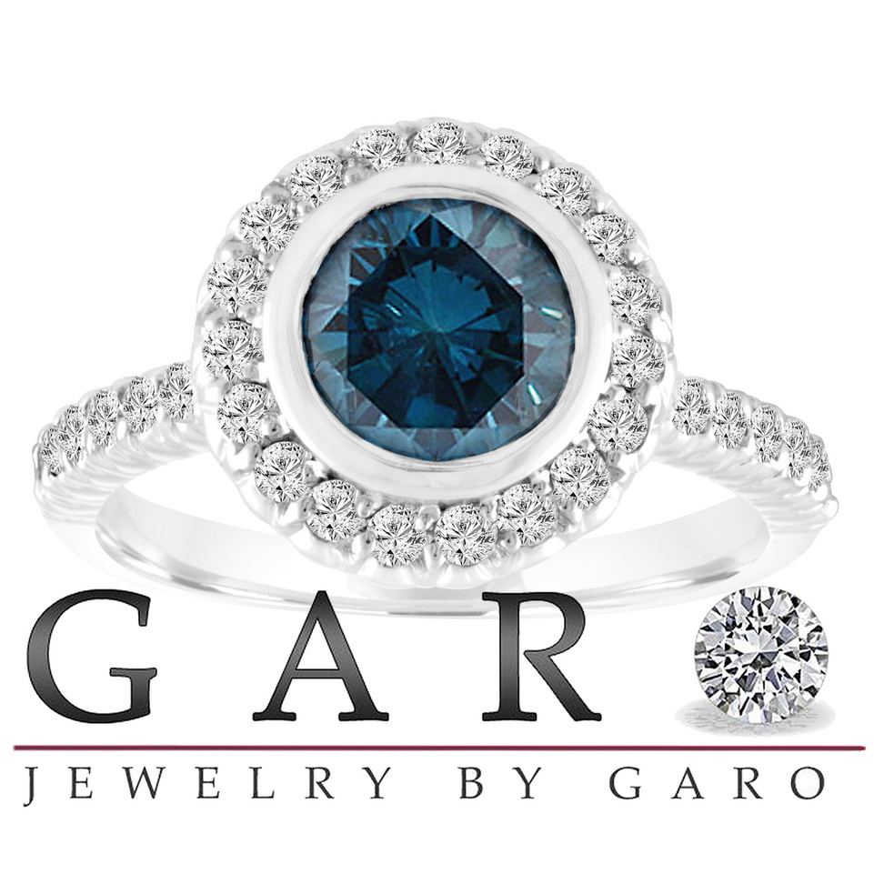 Platinum Blue Diamond Engagement Ring, Wedding Ring, Cocktail Ring 1.30 Carat Bezel Set Halo Pave Certified Handmade
