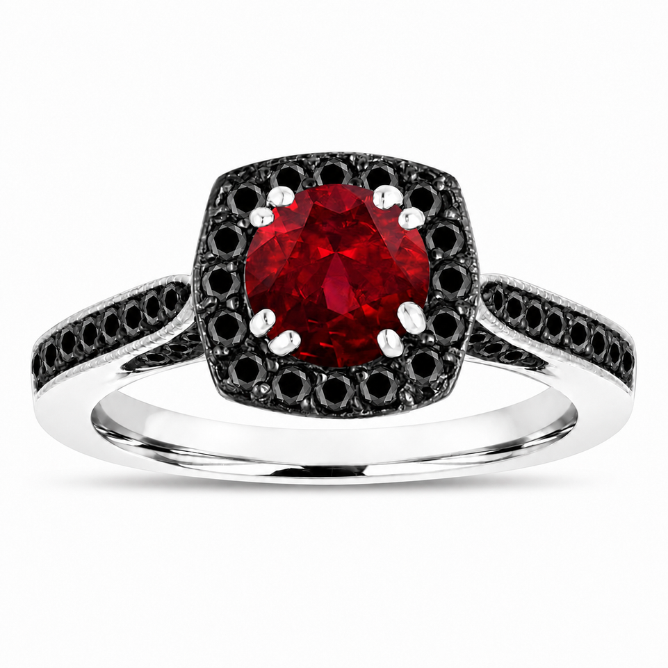 Platinum Garnet and Black Diamond Engagement Ring 1.46 Carat Halo Handmade Certified