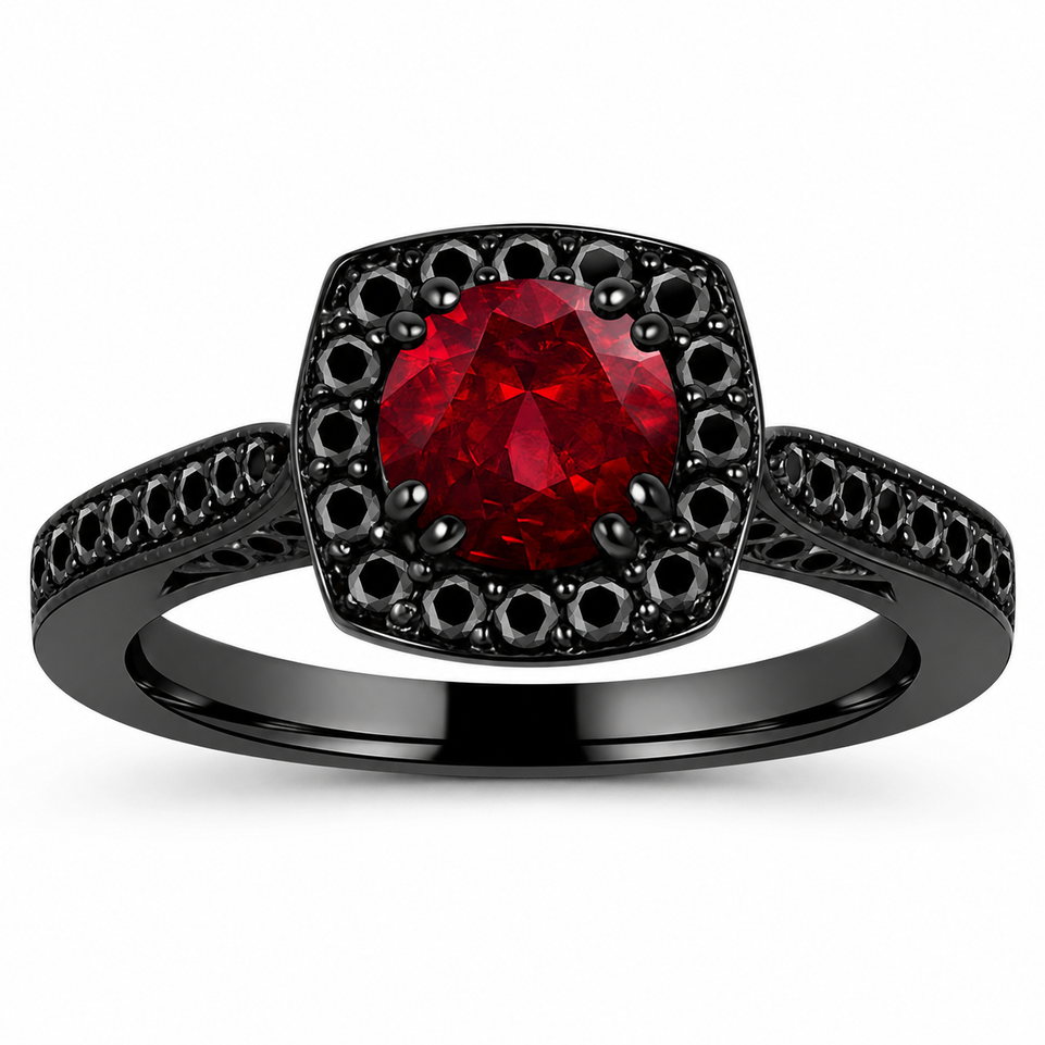 Vintage Garnet Halo Engagement Ring 1.46 Carat 14K Black Gold Handmade Certified