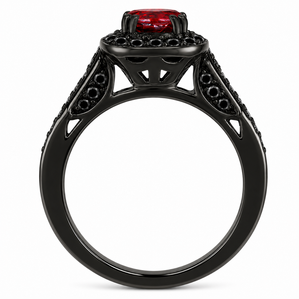 Vintage Garnet Halo Engagement Ring 1.46 Carat 14K Black Gold Handmade Certified