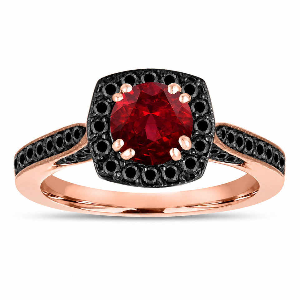 Garnet and Black Diamond Engagement Ring 1.46 Carat Unique Halo 14K White Yellow or Rose Gold Handmade Certified