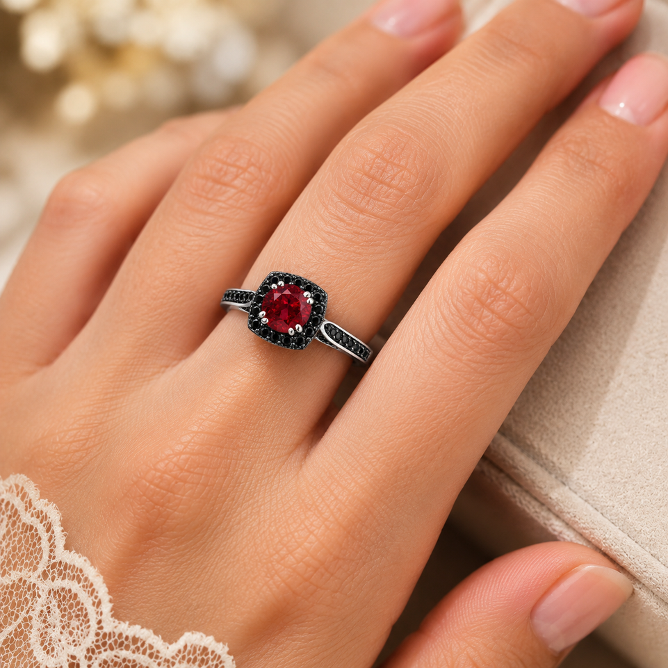 Garnet and Black Diamond Engagement Ring 1.46 Carat Unique Halo 14K White Yellow or Rose Gold Handmade Certified