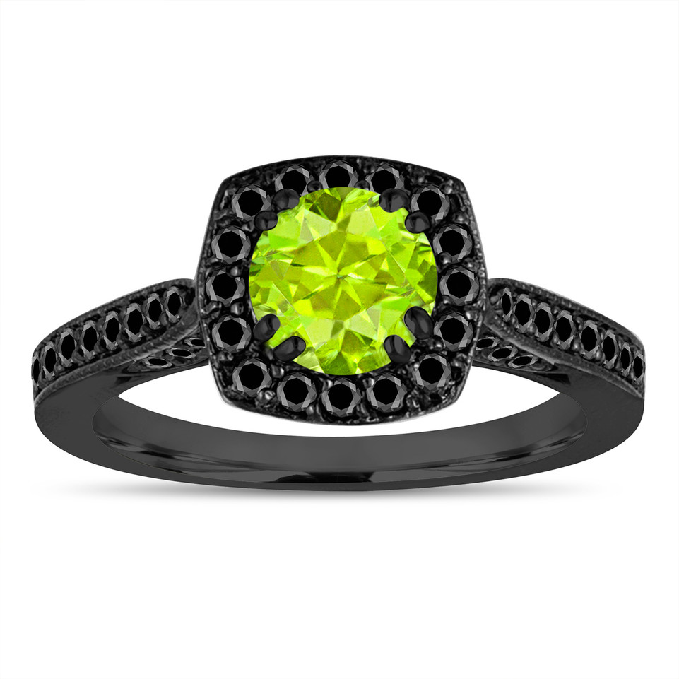 Vintage Peridot Engagement Ring ,Green Peridot Wedding Ring 14K Black Gold Unique 1.31 Carat Certified Halo Pave
