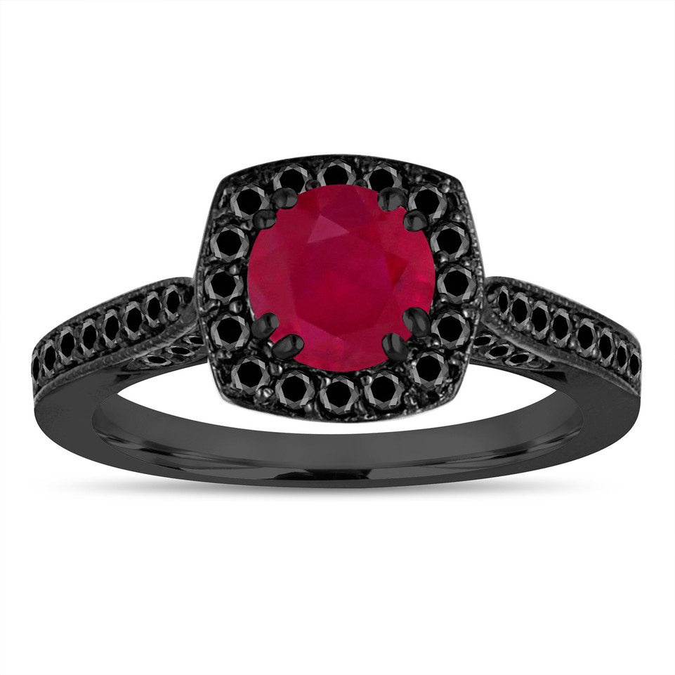Vintage Ruby Engagement Ring, Wedding Ring 14K Black Gold Certified Halo Pave
