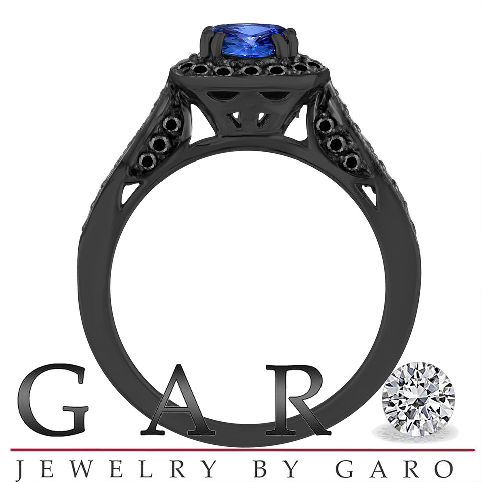 Vintage Sapphire Engagement Ring, Blue Sapphire Wedding Ring 14K Black Gold 1.36 Carat Certified Halo Pave
