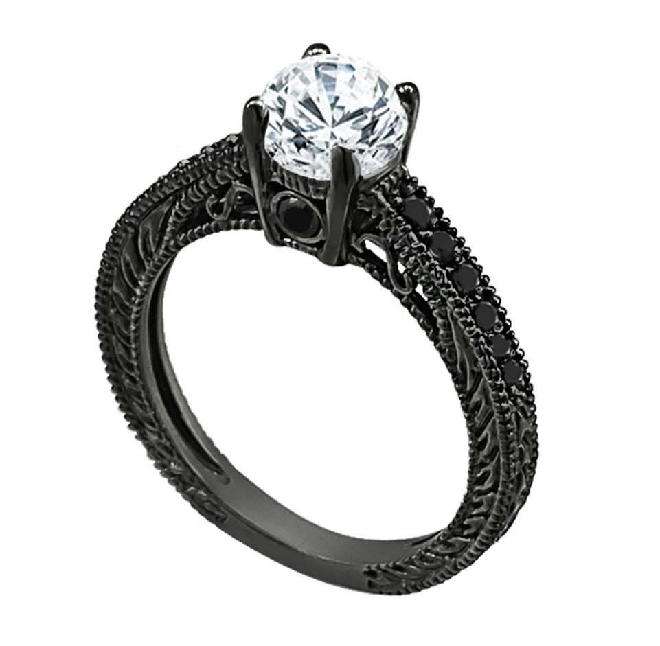 0.63 Carat Moissanite Engagement Ring, With Black Diamonds Wedding Ring Vintage Style 14K Black Gold Pave