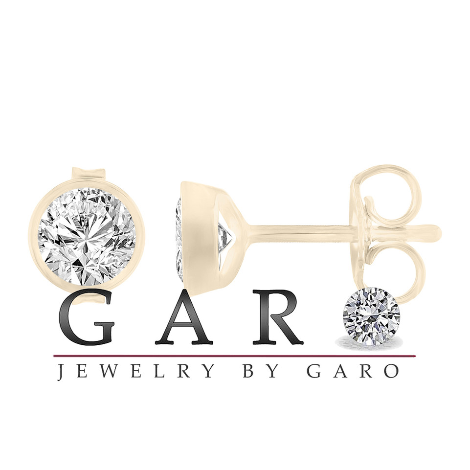 Yellow Gold Diamond Stud Earrings, Bezel Set Earrings, 0.70 Carat Certified Unique Handmade
