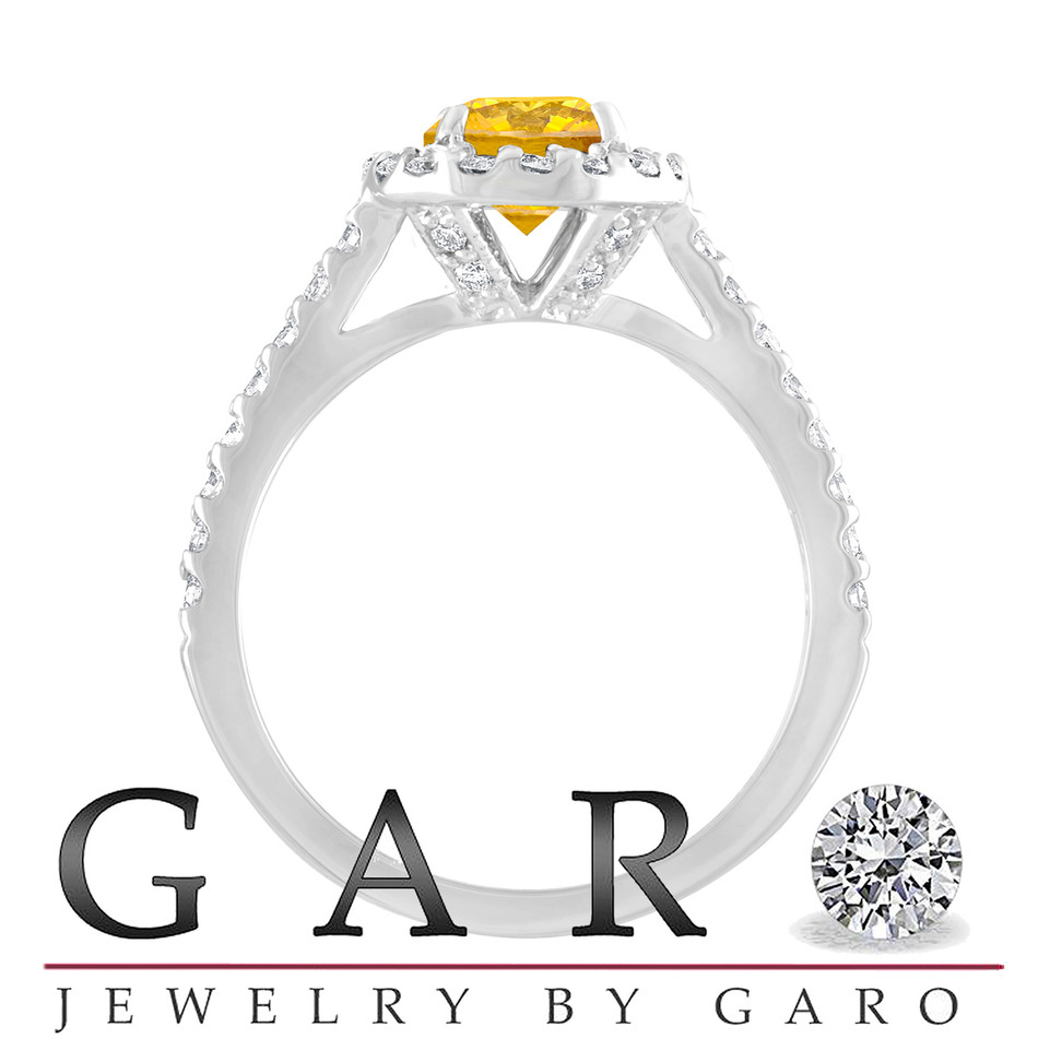 Platinum Canary Yellow Diamond Engagement Ring, Fancy Bridal Ring, Wedding Ring 1.55 Carat Unique Halo Pave Certified Handmade
