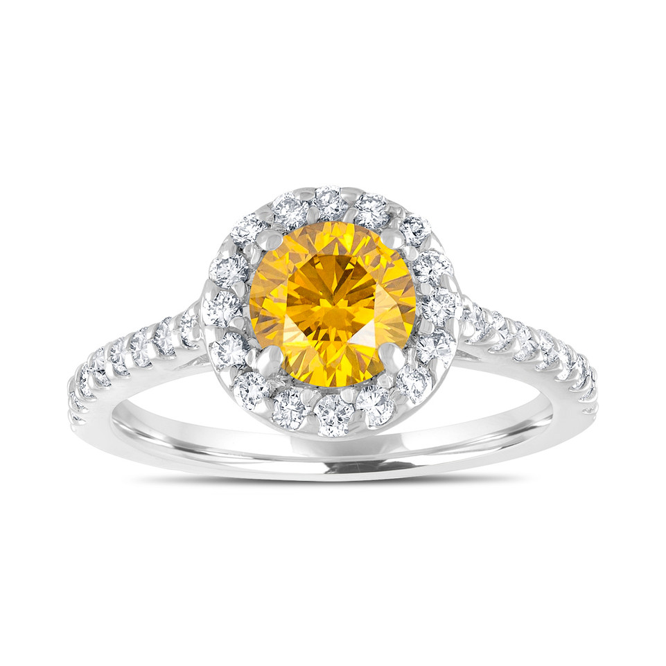 Platinum Canary Yellow Diamond Engagement Ring, Fancy Bridal Ring, Wedding Ring 1.55 Carat Unique Halo Pave Certified Handmade
