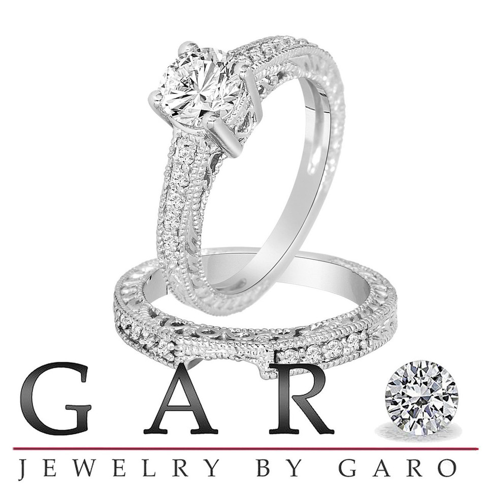 1 Carat Diamond Engagement Ring Set, Bridal Rings Set, Gia Certified 14K White Gold Unique Vintage Antique Style Engraved Handmade 1 Carat Diamond Engagement Ring Set, Bridal Rings Set, Gia Certified 14K White Gold Unique Vintage Antique Style Engraved Handmade
